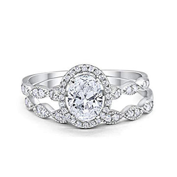 Halo Bridal Set Piece Oval Simulated Cubic Zirconia Ring 925 Sterling Silver